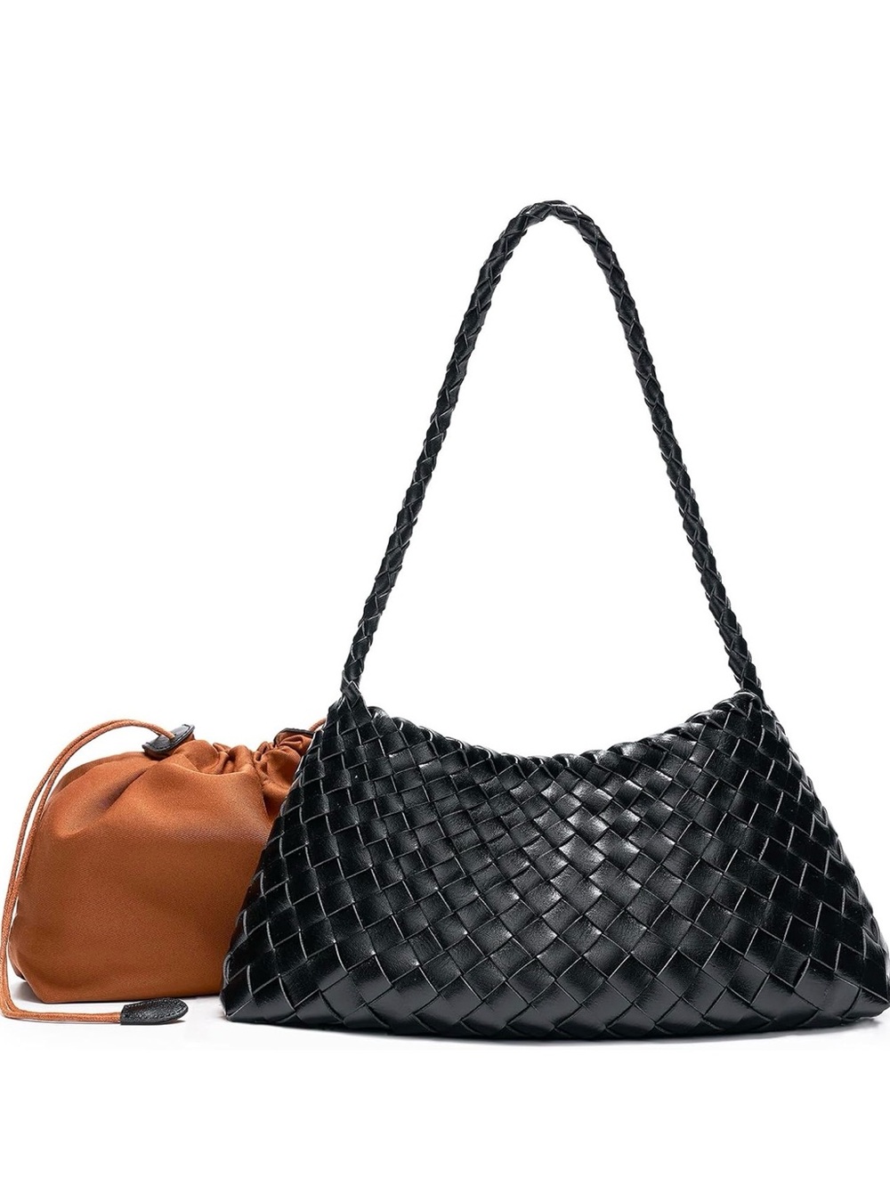 Woven Shoulder Bag with Detachable Pouch - Black & Brown